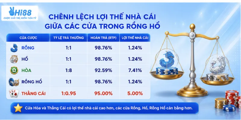Chênh lệch lợi thế nhà cái giữa các cửa trong rồng hổ